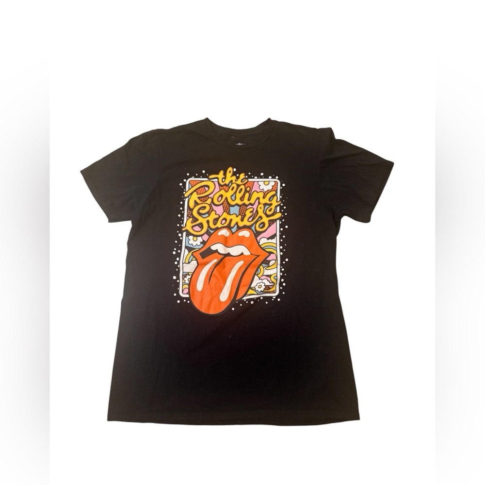 the Rolling Stones Black Tee with Red Tongue and Yellow Logo Rock Band Shirt M